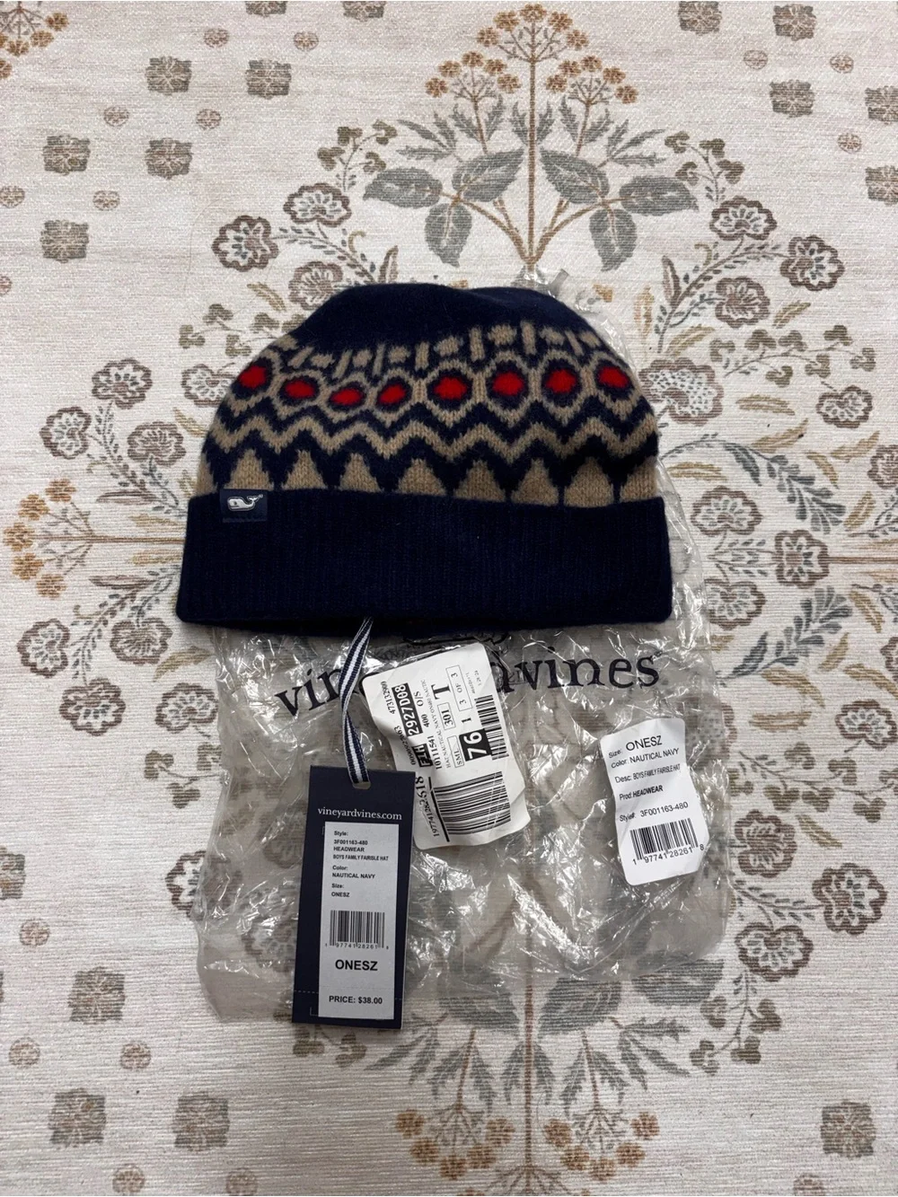 Vineyard Vines Navy Knit Beanie with Tan & Red Fair Isle Accents